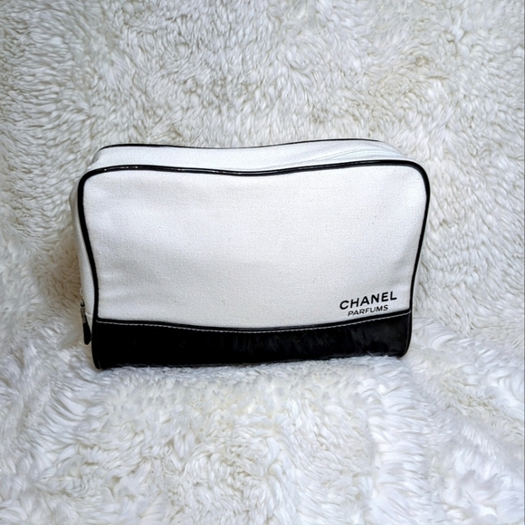Vintage Chanel White Canvas with Black Vinyl Cosmetic Bag - Picture 1 of 8